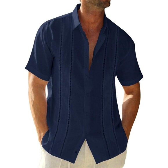 Unbranded Men's Navy Linen Cotton Blend Short Sleeve Button Down Collar Shirt L - Picture 1 of 5